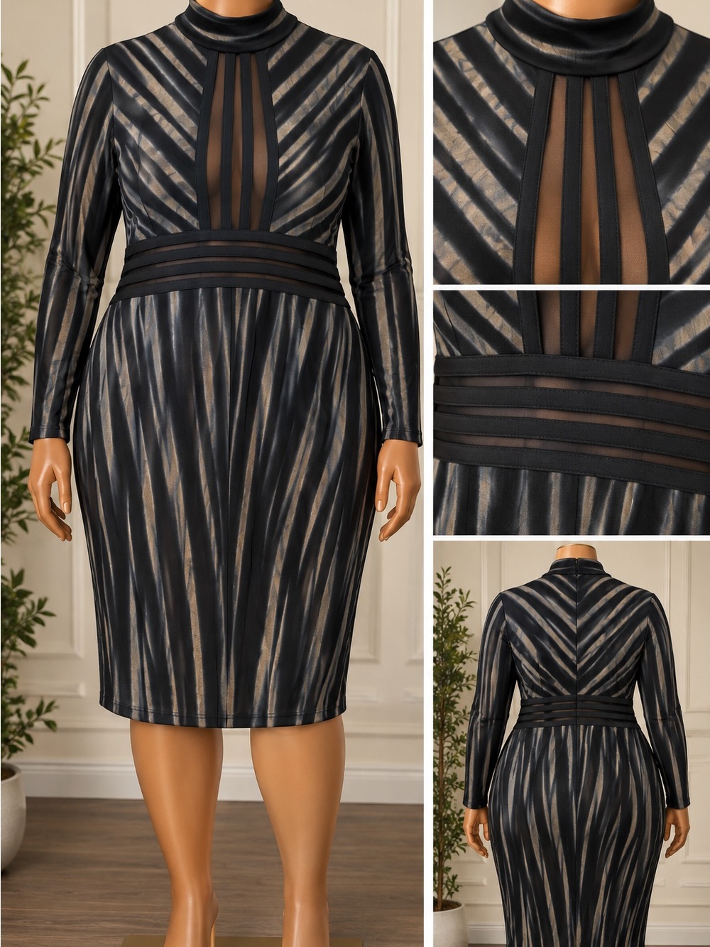 VENUS Black and Tan Animal print Long-Sleeve Sheath Dress